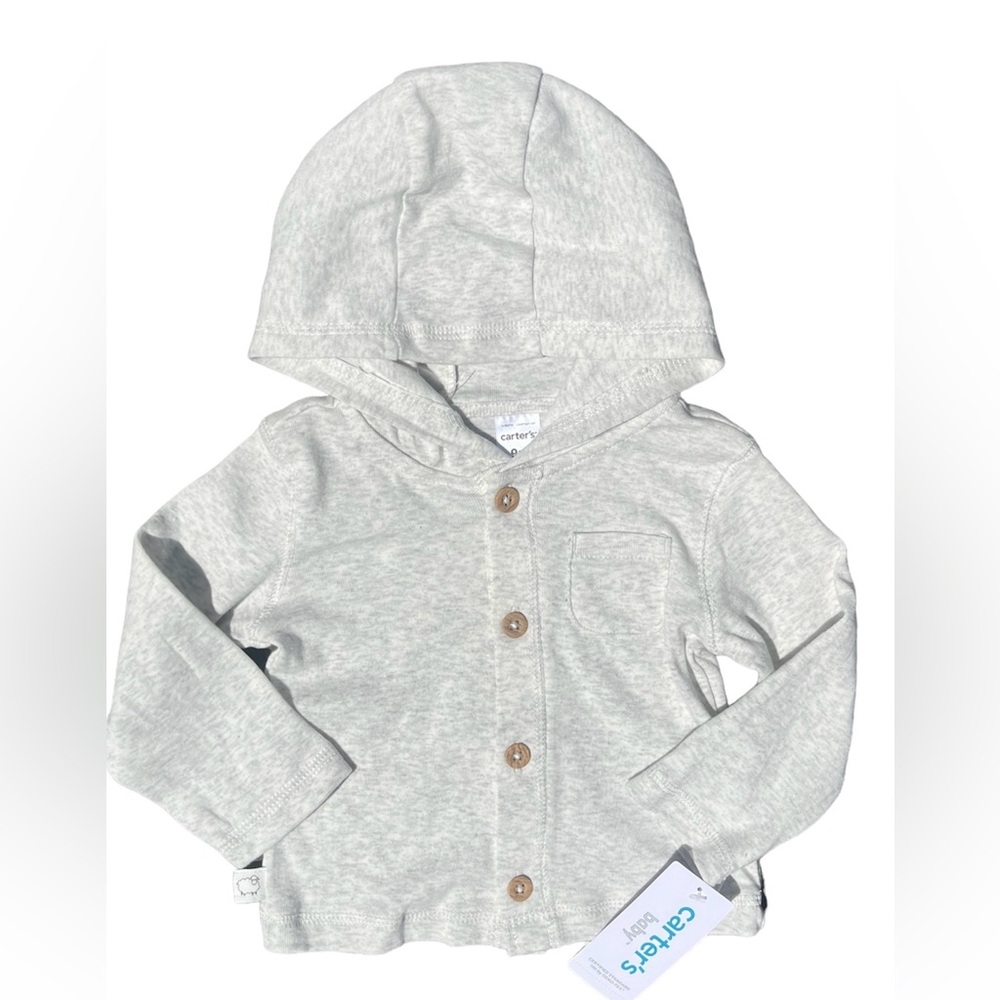 Carters NWT- 9MLight Gray, Long Sleeve Button up- Lightweight Hoodie Jacket-